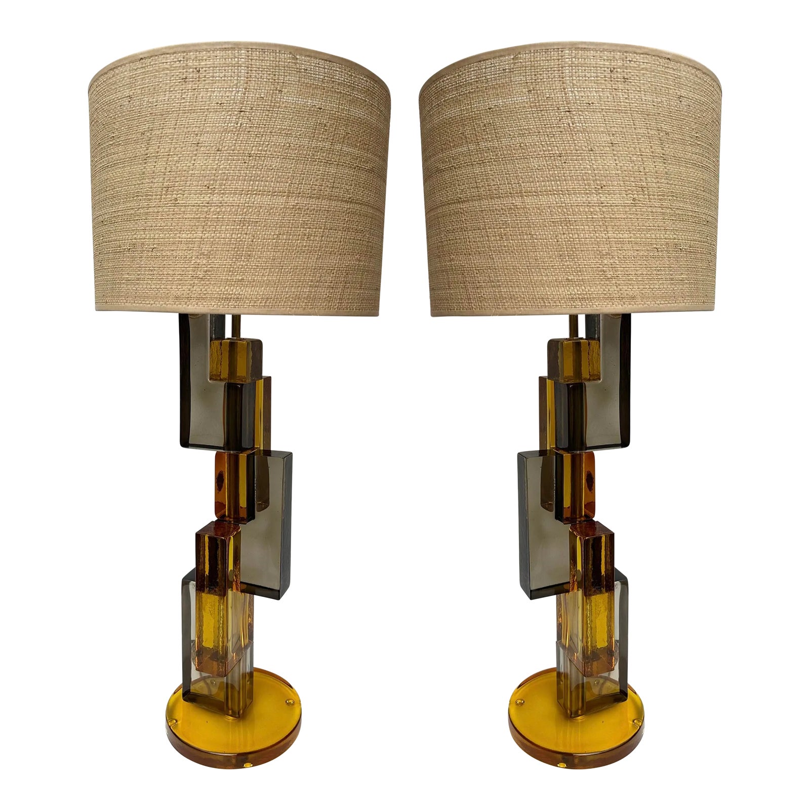 Contemporary Pair of Lamps Amber Smoke Cubic Murano Glass and Brass, Italy, image size:1600x1600