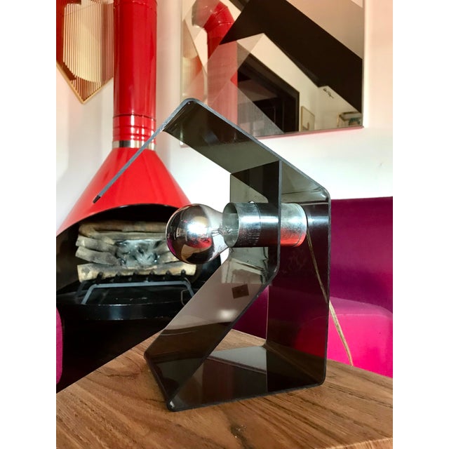 a vintage 1970s Mid Century smoke gray lucite table lamp. this space age 70s table desk lamp has a beautiful sleek design...