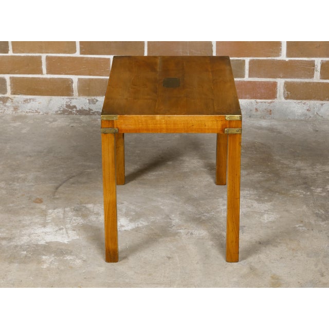 Campaign English Campaign Yew Wood 1920s Side Table with Brass Accents and Straight Legs For Sale - Image 3 of 12