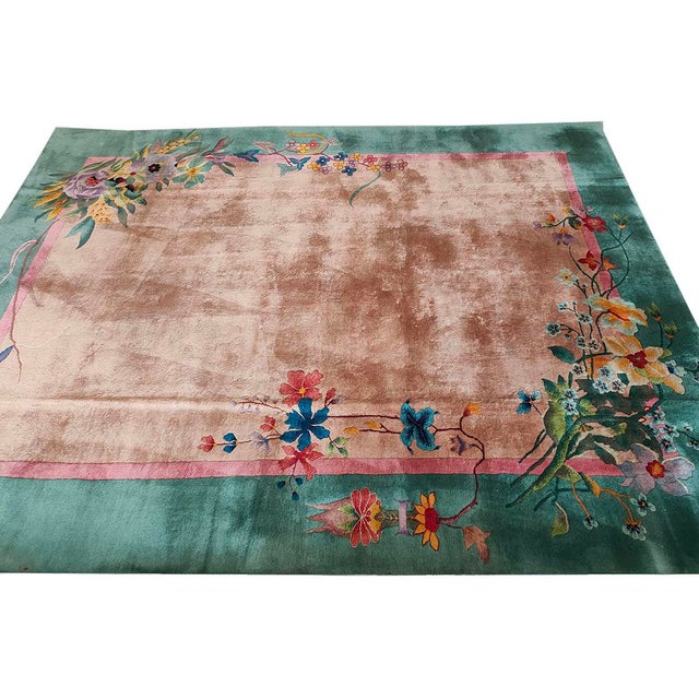 1920s Antique Chinese Beige Cream Open Field Floral Art Deco Wool Knotted Rug For Sale - Image 4 of 13