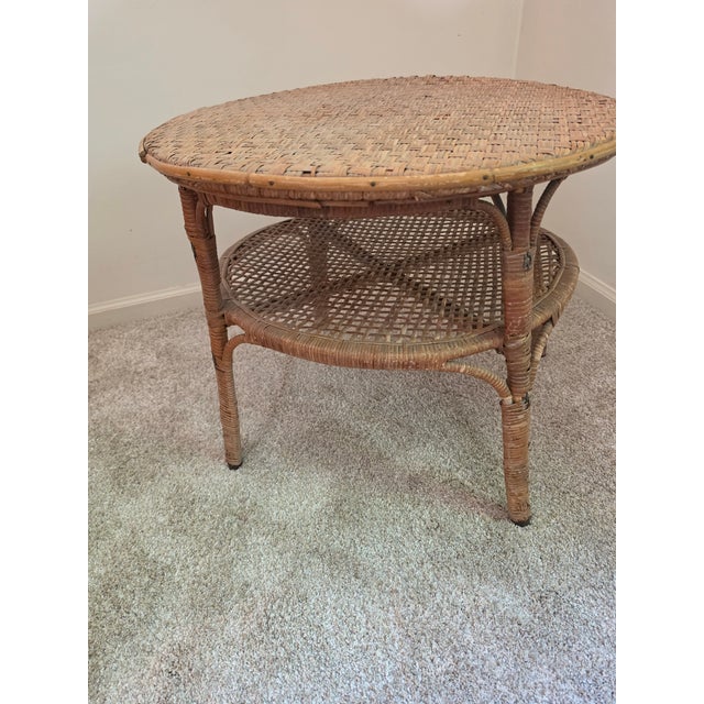 Antique American 2-Tier Woven Wicker Parlor Table With Metal Boot Feet For Sale - Image 14 of 15