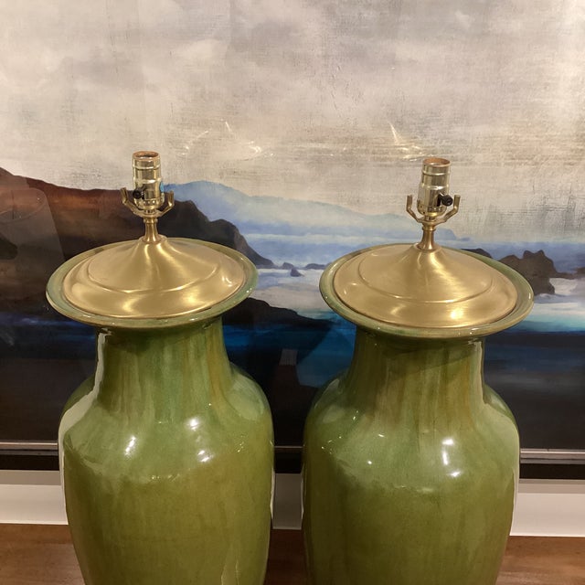 Wood Late 20th Century Hollywood Regency Monumental Olive Green Ceramic Lamps With Satin Brass Hardware and Linen Drum Shades - a Pair For Sale - Image 7 of 11