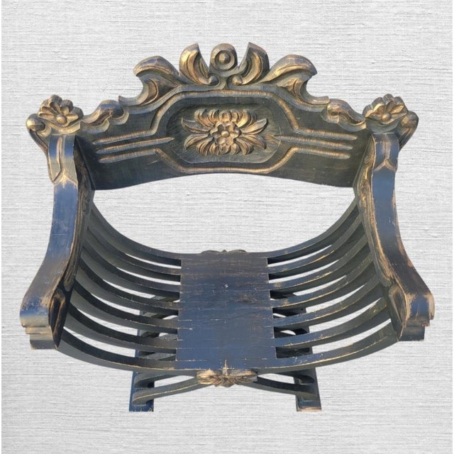 Vintage Black Gold Savonarola Carved Wood Renaissance Style Decorative Side Chair For Sale - Image 10 of 10