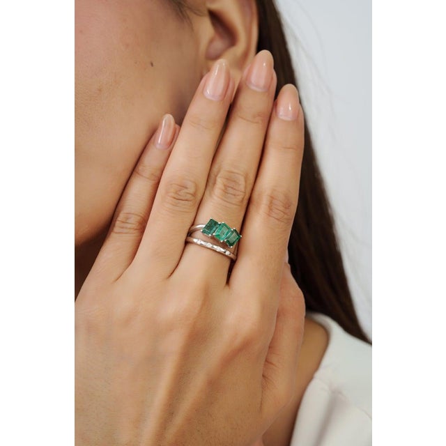 925 Silver Three-Stone Emerald Ring With Diamond Accents, Size 6 For Sale - Image 6 of 12