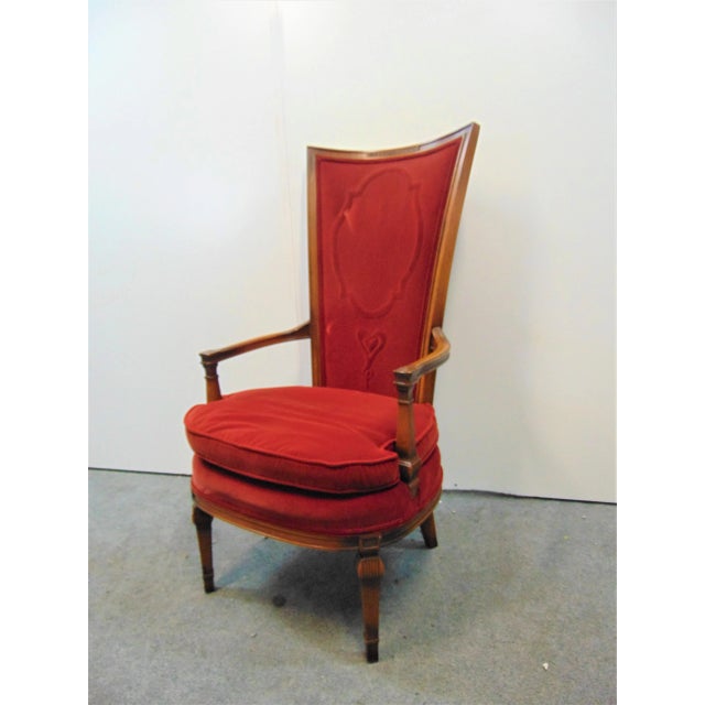 Hollywood regency Style high back chair, Solid fruitwood frame with red velvet fabric, embossed design on back