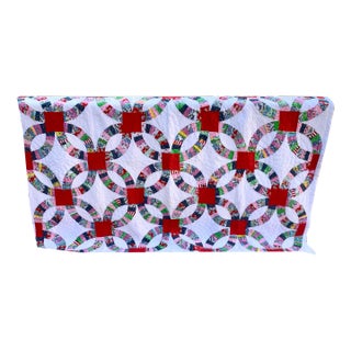 Vintage Wedding Ring Patchwork Quilt Red Green on White 70” X 90” Twin For Sale