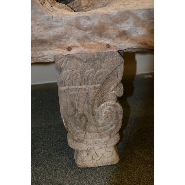 1960s Primitive / Rustic Impressive Gray Weathered Solid Wood Carved Bench Seat Patio From Bali For Sale - Image 5 of 12