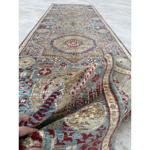 Textile Mamluk Runner Rug, Hand-Knotted Wool, Medallion, 3x12, Teal & Gold For Sale - Image 7 of 12