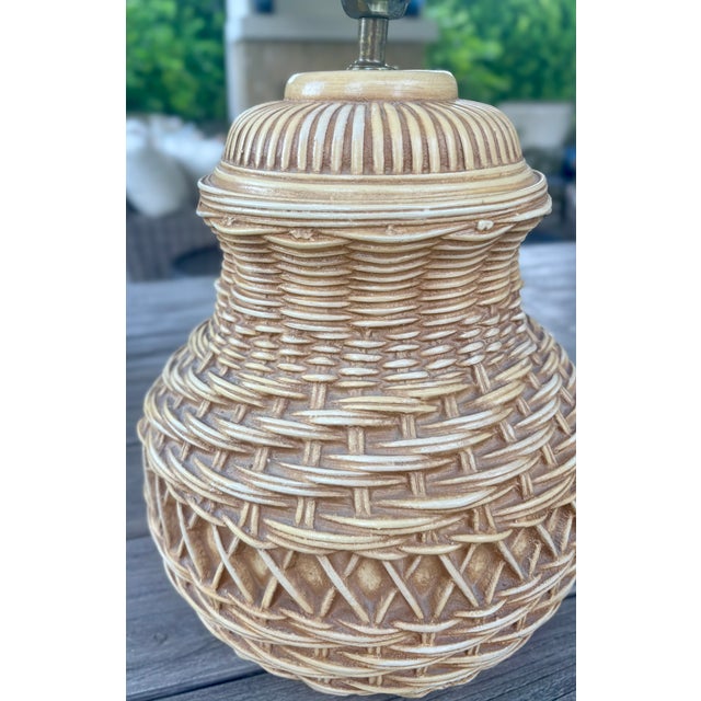 1970's Spanish Ceramic Trompe-l'Oeil Wicker Table Lamps With Matching Shades, a Pair For Sale - Image 10 of 16