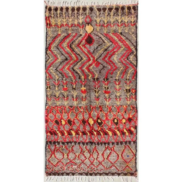 Midcentury Hand Knotted Tribal Moroccan Rug With Red, Gray, Yellow, and Charcoal For Sale - Image 12 of 12