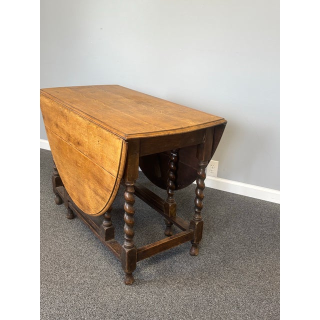 Wood Antique English Oak Drop Leaf Gate Leg Table With Barley Twist For Sale - Image 7 of 12
