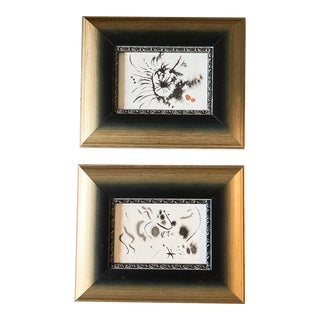 Contemporary 2 Original Abstract Small Ink Paintings Wide Frames- Set of 2 For Sale