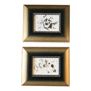 Contemporary 2 Original Abstract Small Ink Paintings Wide Frames- Set of 2