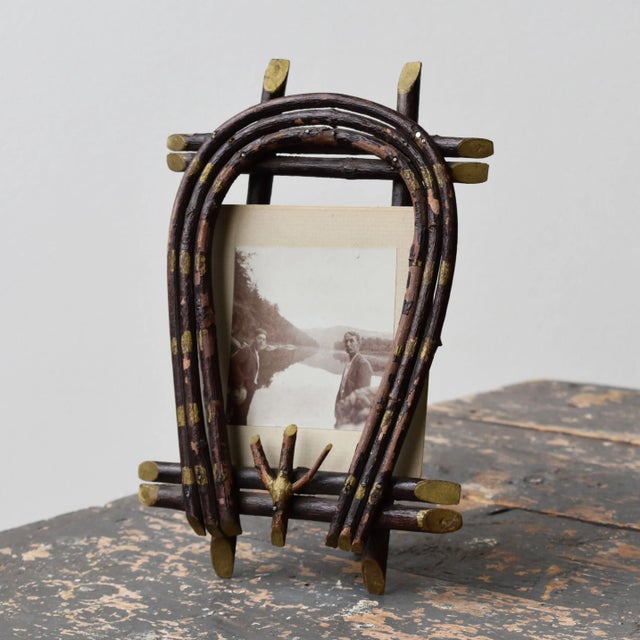 Antique Adirondack Twig Picture Frame, Circa Early 20th Century + Vintage Photograph of Two Men on a River, Circa Early...