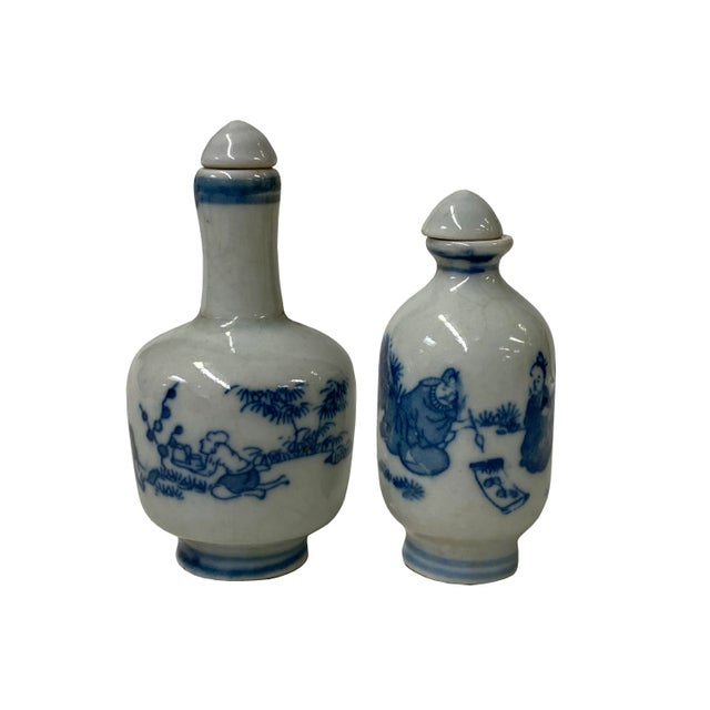 Chinese 2 X Chinese Porcelain Snuff Bottle With Blue White Scenery Graphic For Sale - Image 3 of 5
