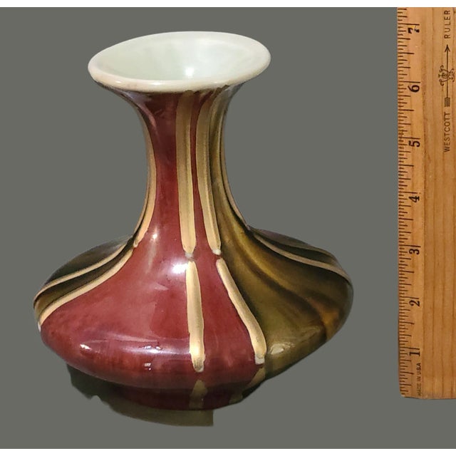 Ceramic Vintage Mid-Century Modern Glazed Burgundy Olive Green Gold Ceramic Pottery Vase For Sale - Image 7 of 9