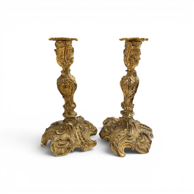 French 19th Century French Pair of Louis XV Bronze Candle Holders For Sale - Image 3 of 4