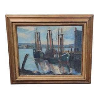 Vintage Oil Painting of Boats in a Harbor For Sale