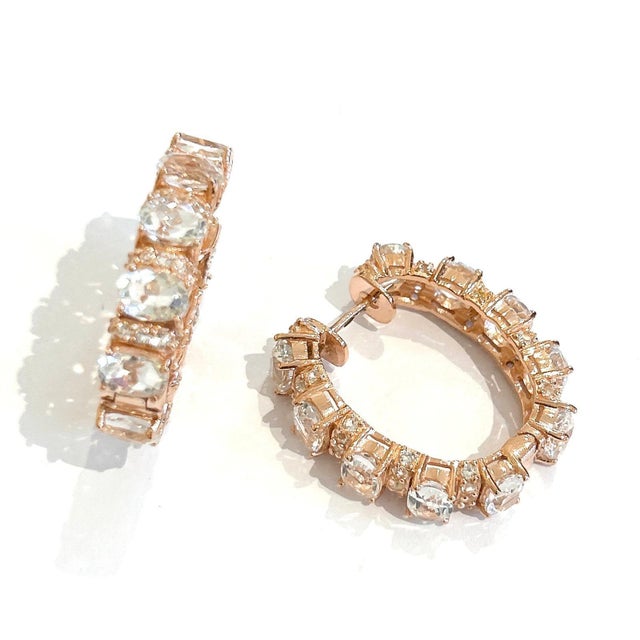 Bochic "Orient" Vintage White Topaz Hoop Earrings Set In 18K Gold & Silver Natural White Topaz Oval Shape and Round Shape...
