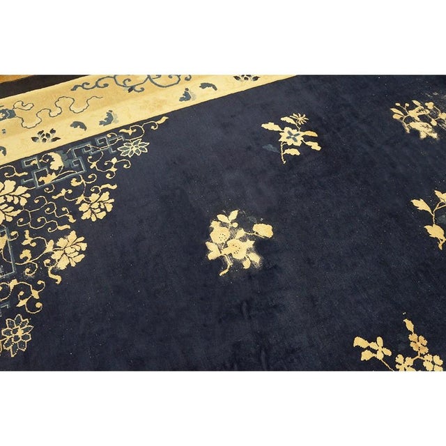 Textile 1900s Navy Blue Solid Floral Deco Antique Chinese Peking Knotted Room Size Rug For Sale - Image 7 of 10