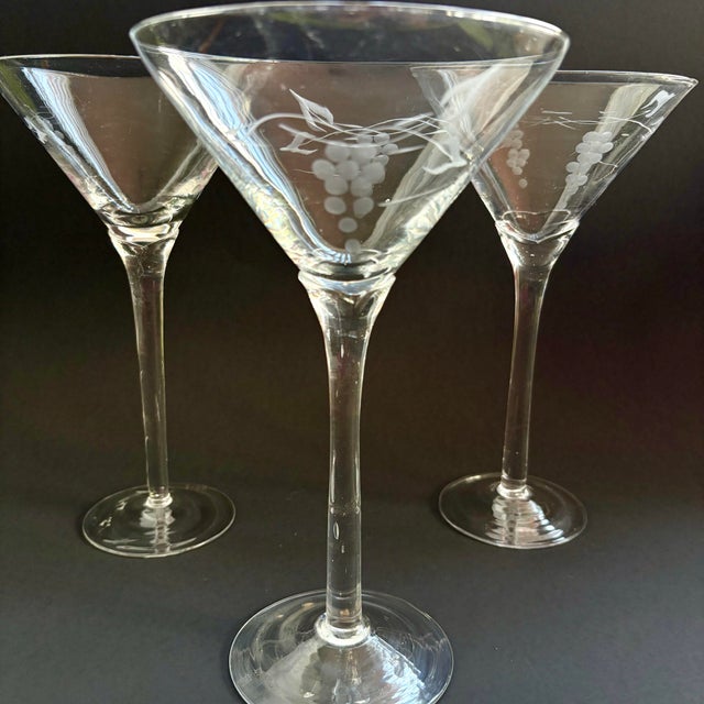 Rustic European Vintage Handmade Etched Grapevine Martini Glasses With Tulip Stems – Set of 3 For Sale - Image 3 of 8