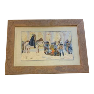 Vintage George Washington at Valley Forge Winter Scene Horses Finished Crewel Framed