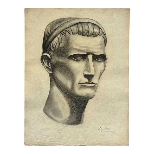 Vintage Realist Neoclassical Antiochos III Charcoal Sketch by Anthony Ferrara, Signed (1946) For Sale