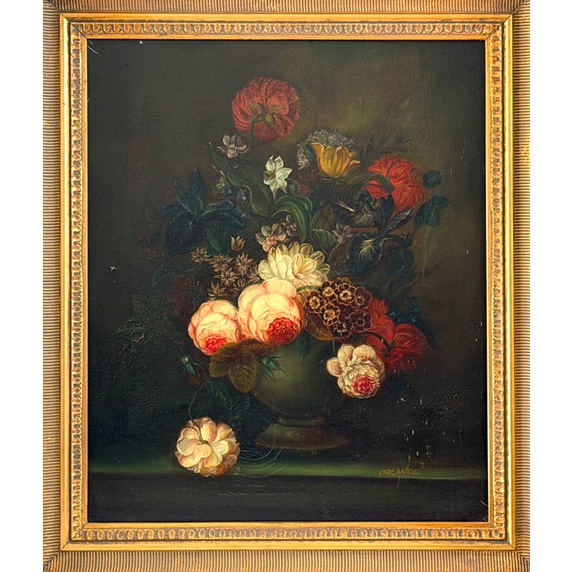 1930s Orlando Still Life Flowers Signed Oil on Canvas Ornate Gilt Frame For Sale In Los Angeles - Image 6 of 10