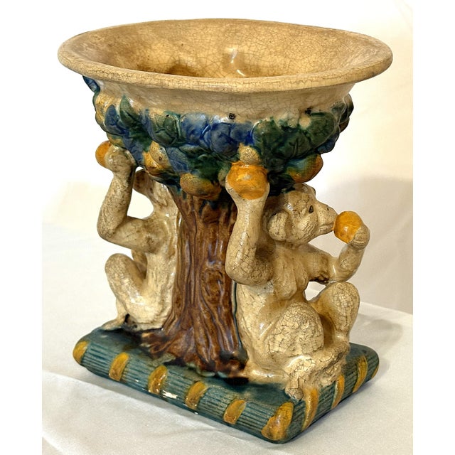 Vintage Majolica Monkeys Under a Fruit Tree Ceramic Cachepot/ Planter For Sale In West Palm - Image 6 of 12