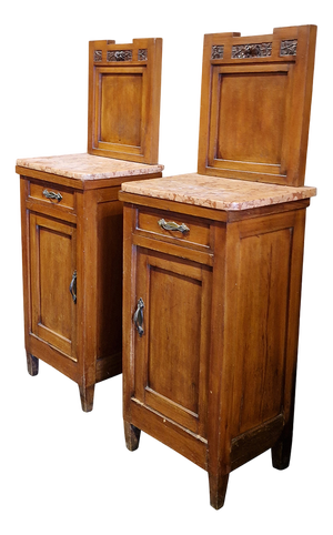 Tall Wooden Bedside Tables with Marble Top, 1970s, Set of 2