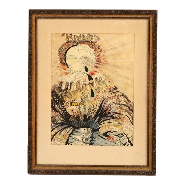 Vintage Surrealist Ink & Watercolor Drawing “A Royal” by A. W. Guenther C1968 For Sale