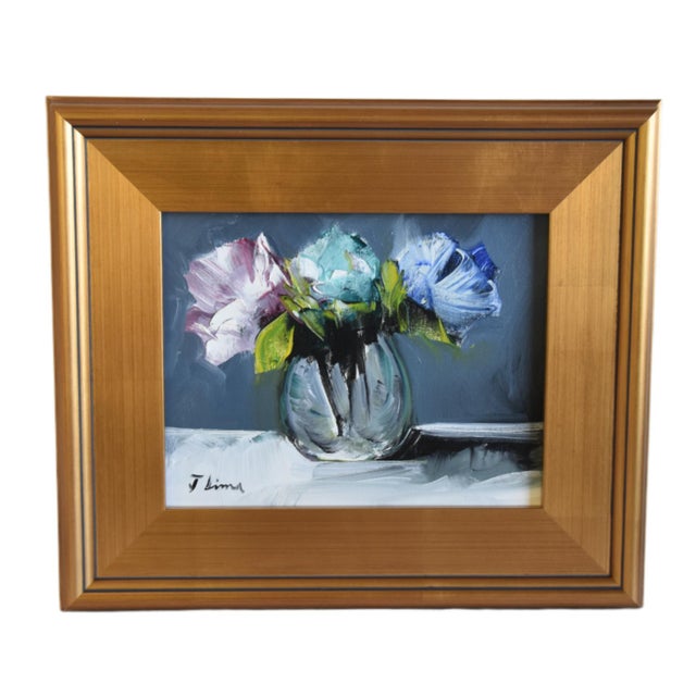 French Country Colorful Mixed Bouquet of Flowers Oil Painting Including the Antiqued Gold Wood Frame For Sale - Image 3 of 7