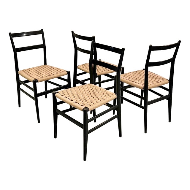 Vintage Leggera Chairs in Rope and Black Wood by Gio Ponti for Cassina, 1950s, Set of 4 For Sale