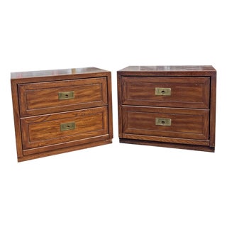 Henredon Style Vintage Campaign Nightstands or End Table With Brass Hardware, A Pair For Sale