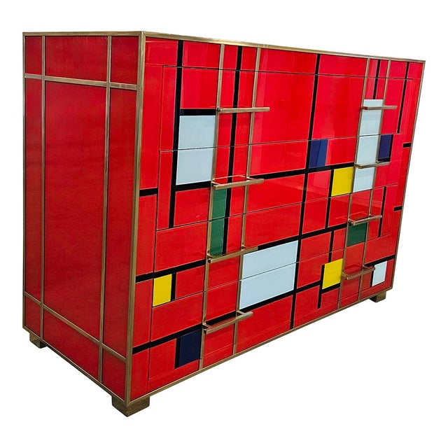 Dresser with Four Drawers in Red Multicolored Murano Glass, 1980s For Sale - Image 3 of 12