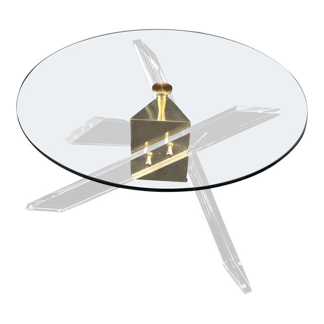 Brass & Lucite Round Glass Top Coffee Occasional Table Clean For Sale
