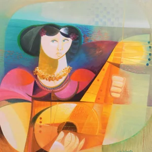 'Woman Playing the Lute' by Vittorio Maria Di Carlo, Large Oil, New Figurative Movement, Italian Modernism