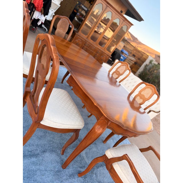 Late 20th Century Attributed to Bassett Chalons Collection Sequoia Cherry Dining Set With Cane-Back Chairs, Extension Leaf & Custom Table Pads For Sale In Phoenix - Image 6 of 17