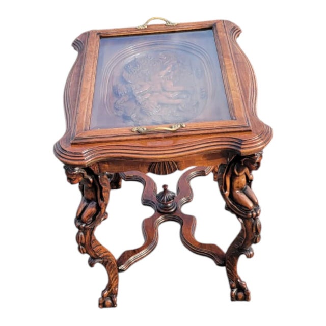Glass 1920 Ornate Carved Angel Display Table With Glass Top and Sculptural Legs For Sale - Image 7 of 18
