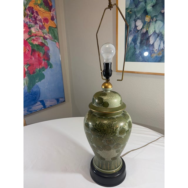 Vintage Japanese Fujita Kutani Celadon Ginger Jar Lamp Chrysanthemum For Sale - Image 9 of 12