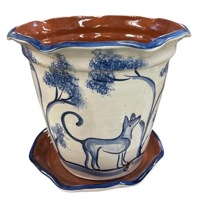 Italian Hand-Painted Italian Style Ceramic Planter & Saucer With Animal & Botanical Motif For Sale - Image 3 of 12