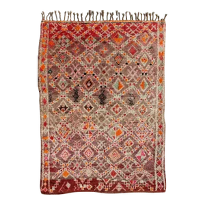 Tribal Design Vintage Hand Knotted Moroccan Rug in Orange, Red, Green, and Lt Brown