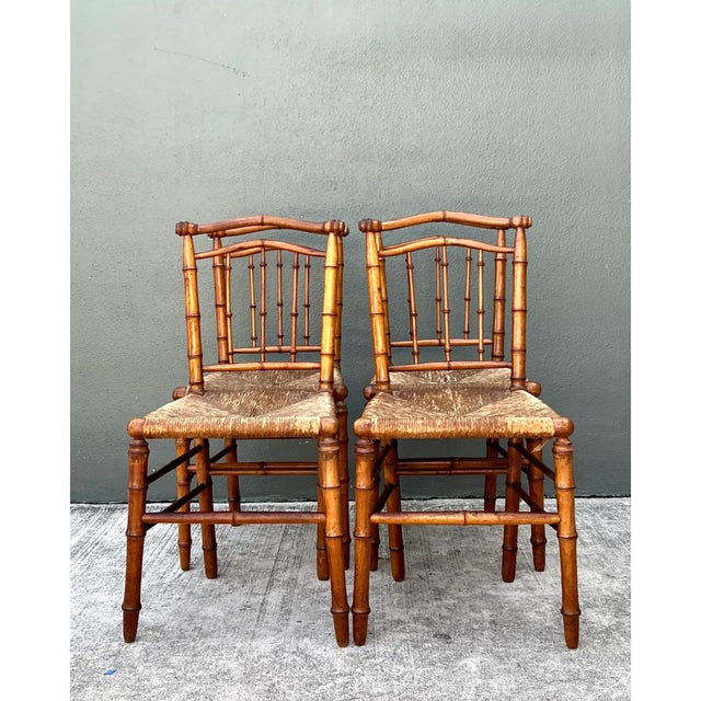 Vintage Bamboo-Style Wood and Cane Chairs - Set of 4 For Sale - Image 4 of 14