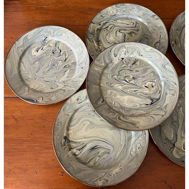 Boho Chic S/6 Vintage Mackenzie Childs Enamel Marble Patterned Chargers/Dinner Plates For Sale - Image 3 of 7