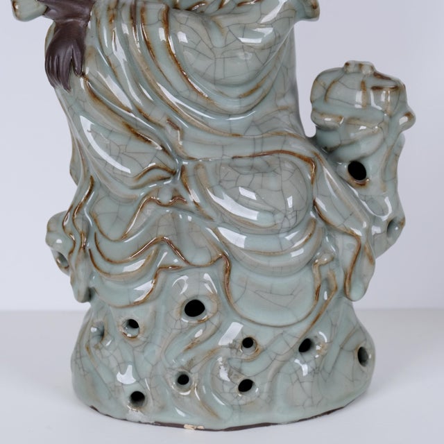 Early 20th Century Antique Guanyin (Kwan Yin) Goddess of Mercy Buddha Late 19th / Early 20th Century Celadon Color W/ Craquelure Splendid Statue/Sculpture Vg+ For Sale - Image 5 of 12