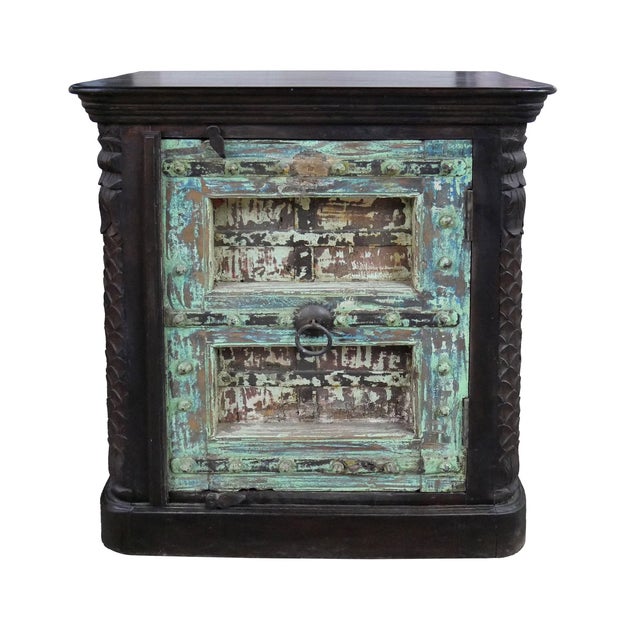 1920s 1920s Distressed Green Farmhouse Storage Cabinet | Rustic Hand Carved Solid Wood Nightstand Dresser |Reclaimed Antique Door Entryway Console Table For Sale - Image 5 of 5