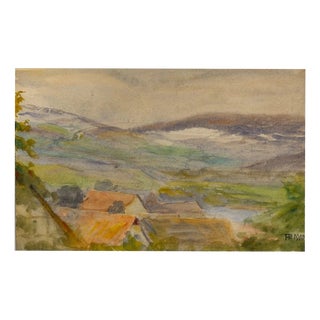 Heinrich Pforr, Wide Hilly Landscape with Village and Distant View, Watercolor For Sale