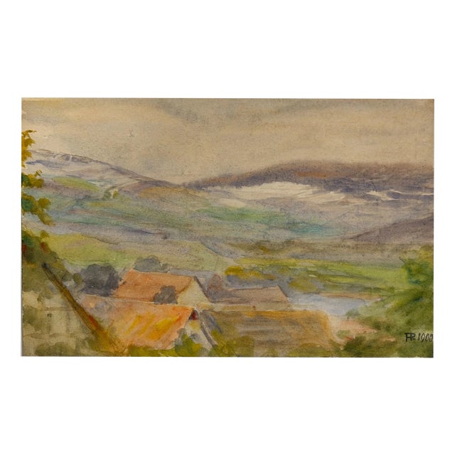Heinrich Pforr, Wide Hilly Landscape with Village and Distant View, Watercolor For Sale