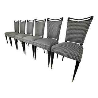 Set of 6 French Mid-Century Ebonized Dining Chairs With Brass Sabots & Striped Upholstery For Sale