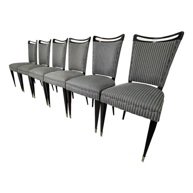 Set of 6 French Mid-Century Ebonized Dining Chairs With Brass Sabots & Striped Upholstery For Sale